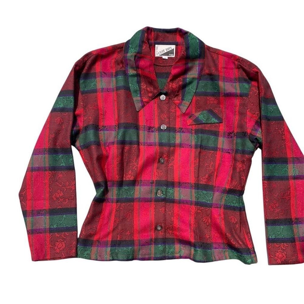 C'est Bon Paris Vintage Red Green Plaid Jacquard 100% Italian Wool Shirt‎ 38